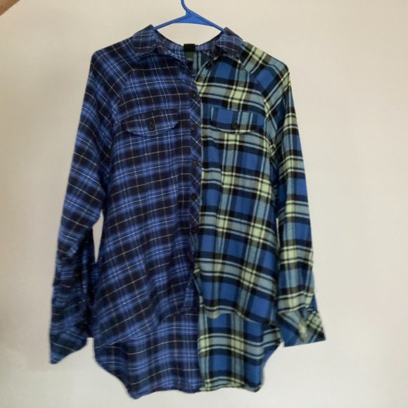 Wild Fable Spliced Blue Plaid Flannel Shirt Tunic With Pockets NWOT - Picture 3 of 5